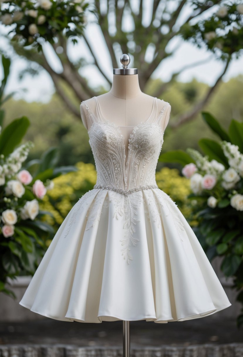 A modern short wedding dress with a fitted bodice and flared skirt, adorned with delicate lace and intricate beading, set against a backdrop of lush greenery and blooming flowers