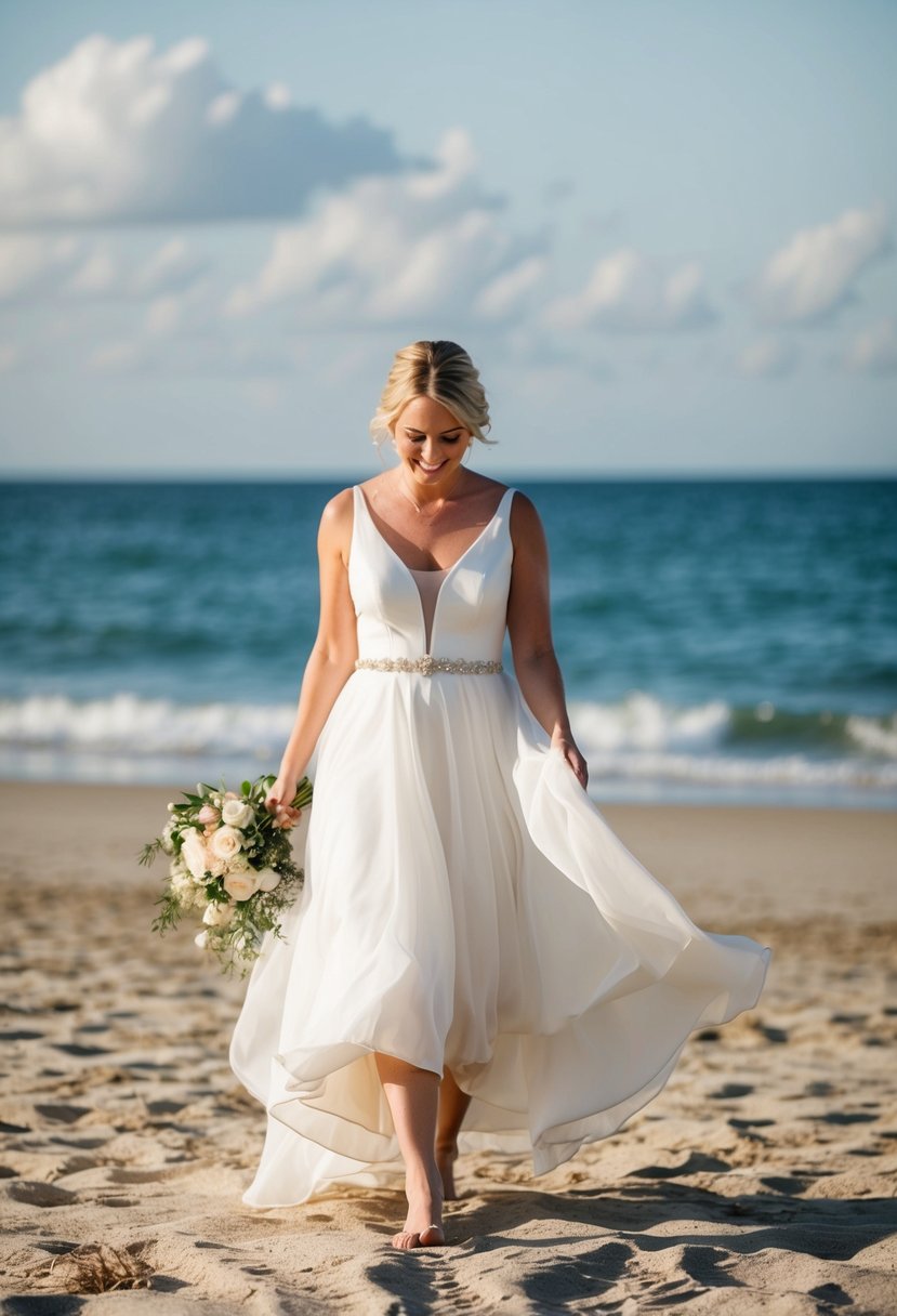 A bride walks barefoot on a sandy beach in a flowing, knee-length wedding dress, with the ocean in the background