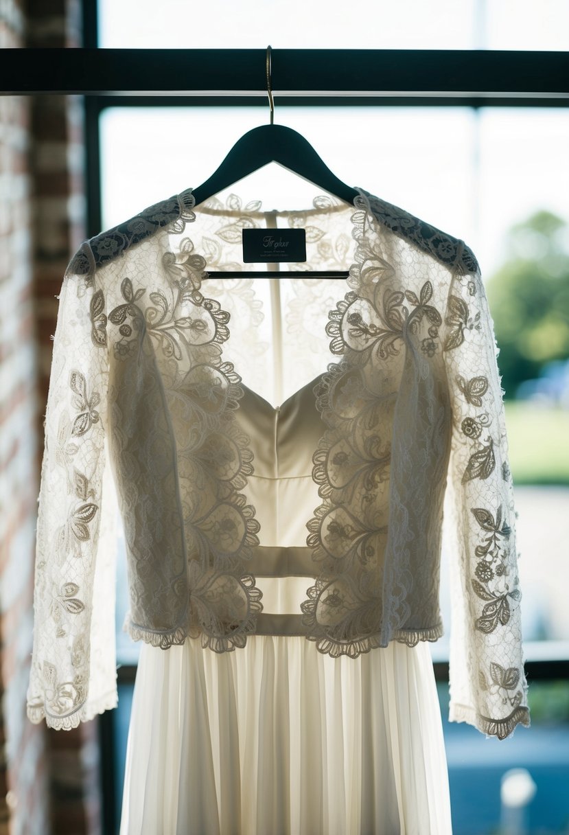 A bride's white lace jacket draped over a flowing wedding dress on a hanger