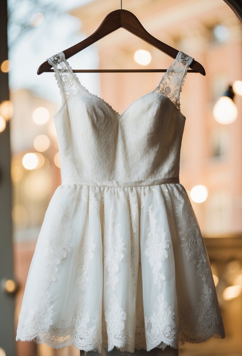 A delicate cotton lace short bridal dress hanging on a vintage wooden hanger