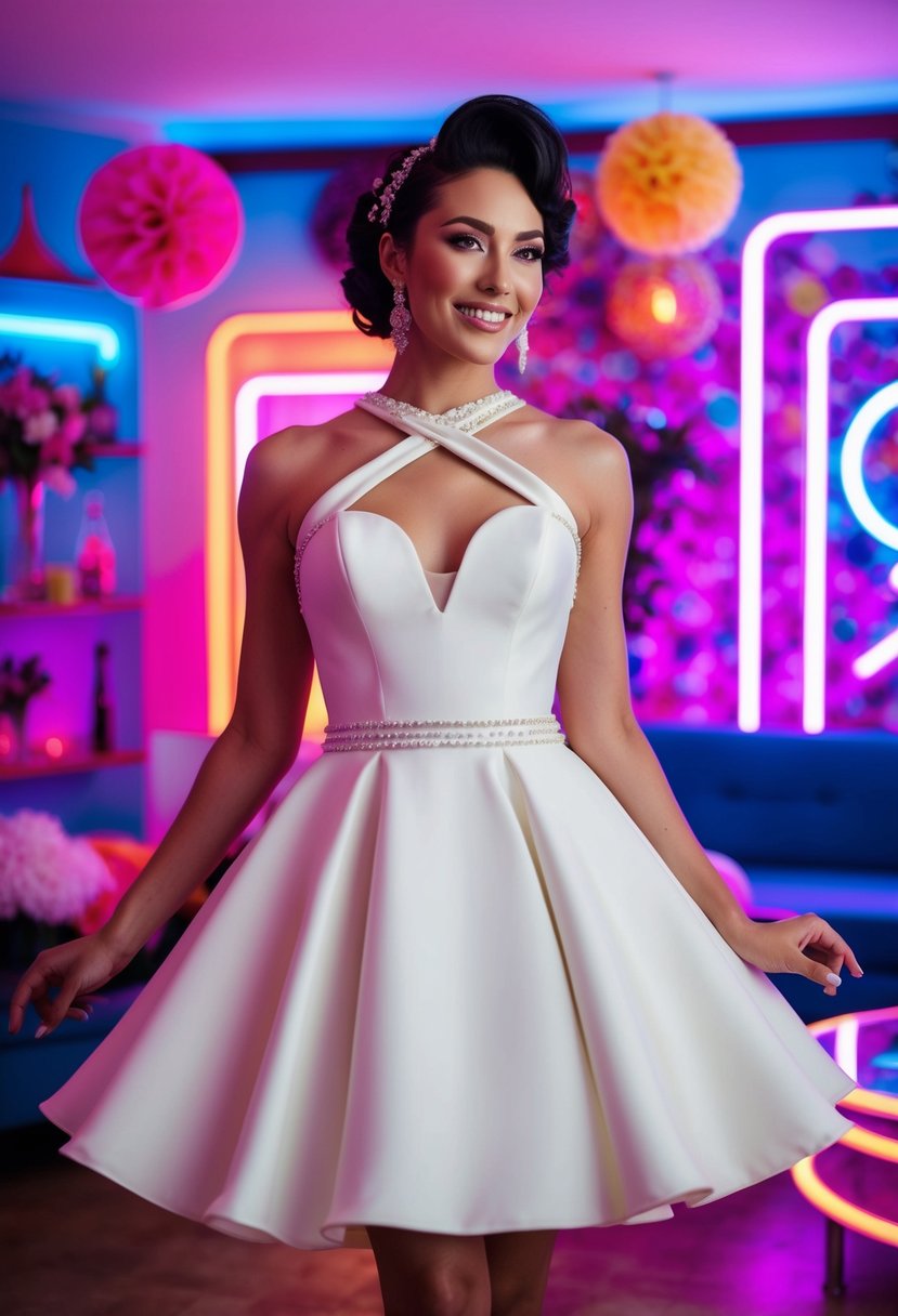 A bride in a 90s-inspired mini wedding dress with a twist, featuring a unique neckline and playful details, surrounded by retro decor and neon lights