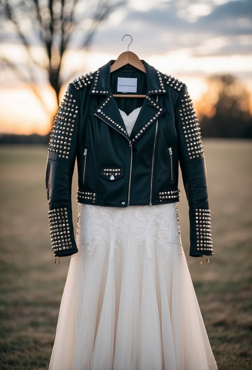 A leather bridal jacket adorned with studs draped over a flowing wedding dress