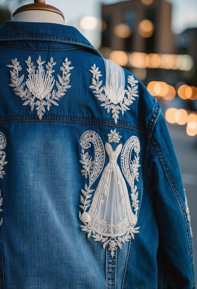 A denim jacket adorned with intricate embroidery, featuring delicate wedding dress designs