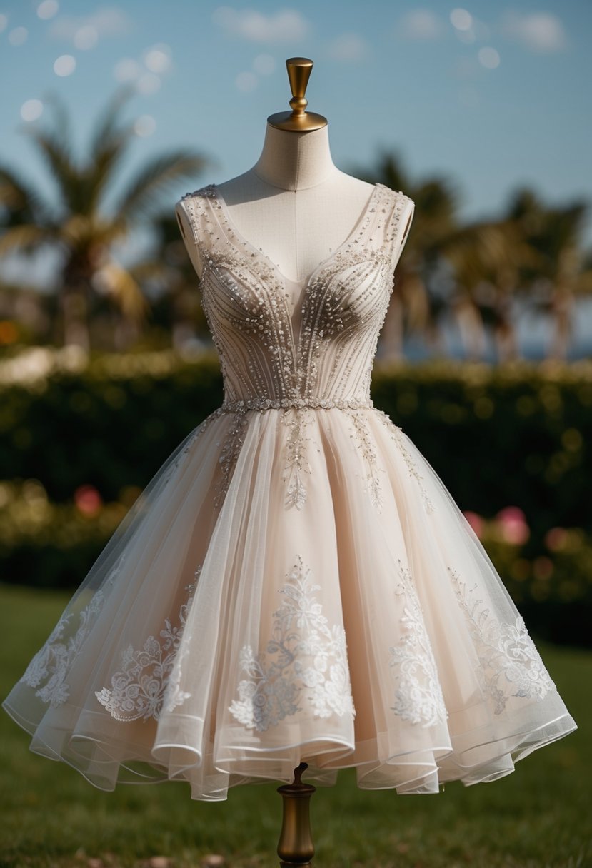 A short tulle dress with intricate lace detailing, delicate beading, and a flowing silhouette, set against a backdrop of a garden or beach