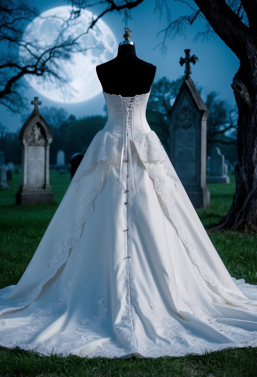 A gothic wedding dress with lace, corset, and dramatic train, set against a moonlit graveyard with eerie mist and twisted trees