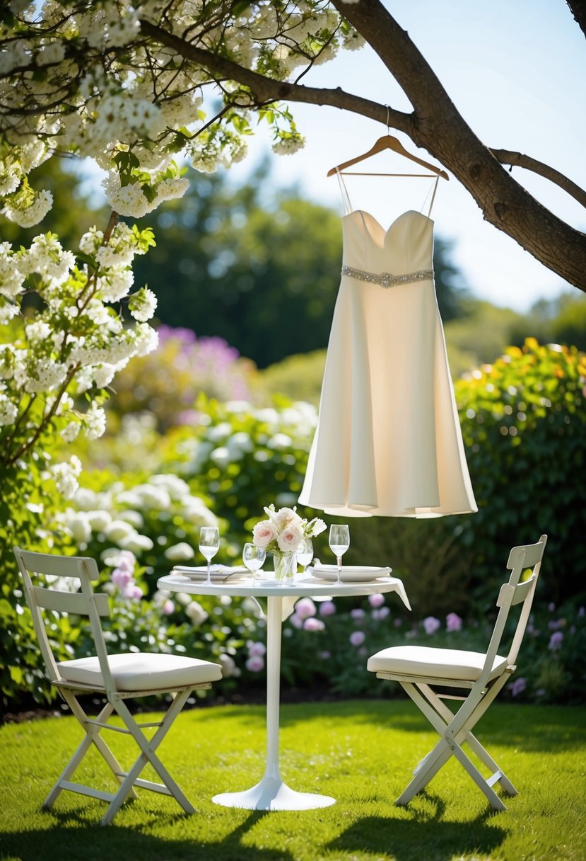 A sunny garden with blooming white flowers, a small table set for a wedding, and a short white dress hanging from a tree branch