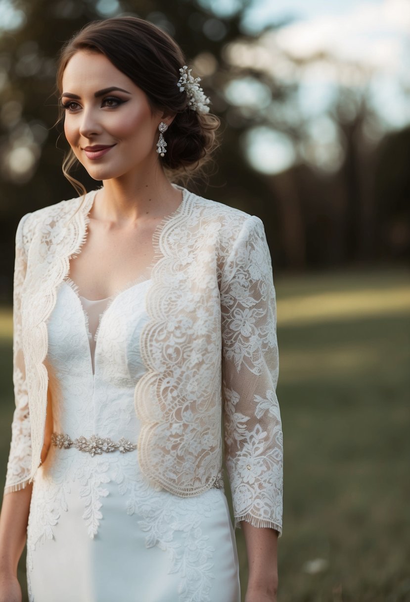 A lace bolero jacket draped over a delicate wedding dress