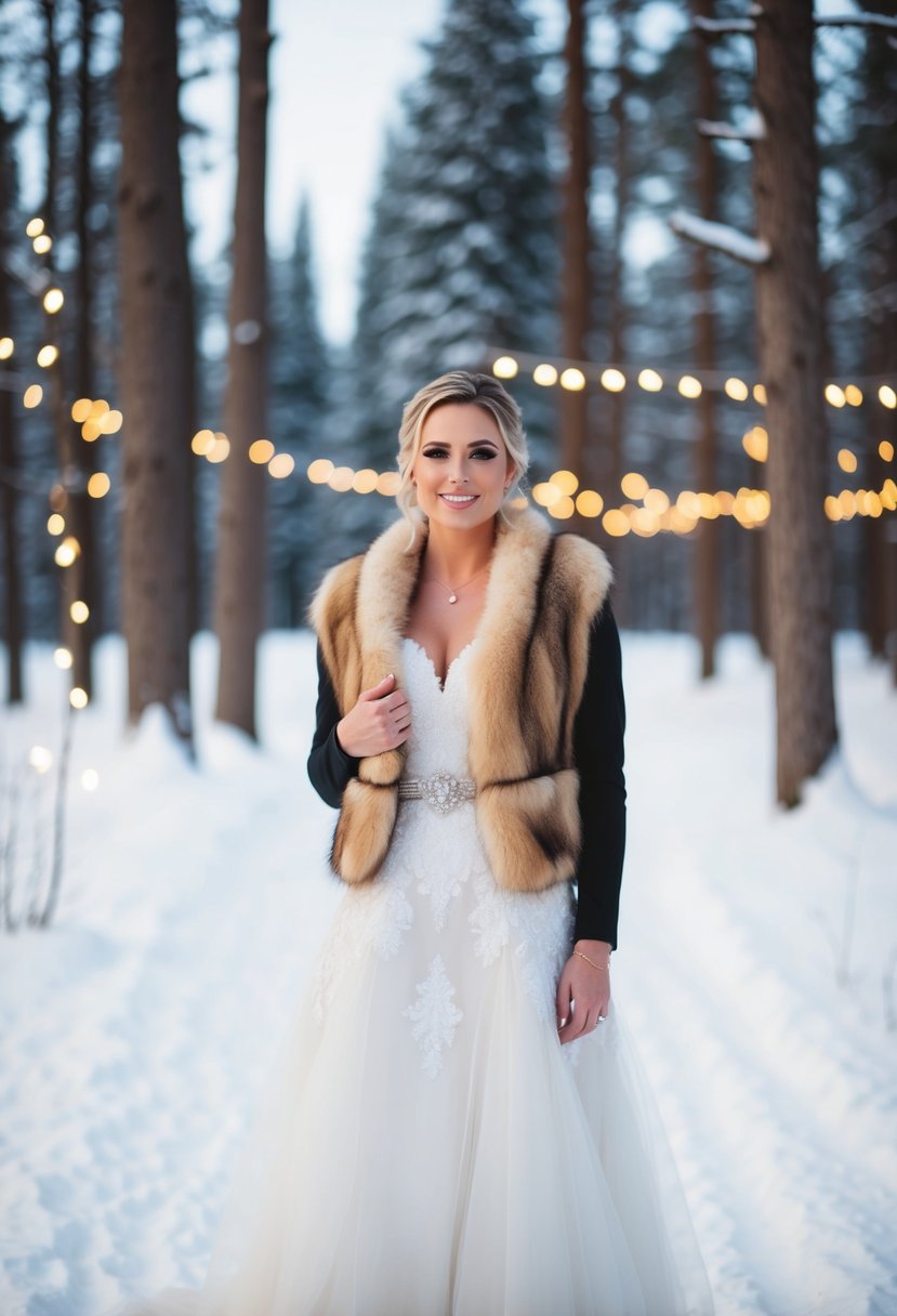 A bride wearing a faux fur wrap jacket over her wedding dress, standing in a snow-covered forest with twinkling lights