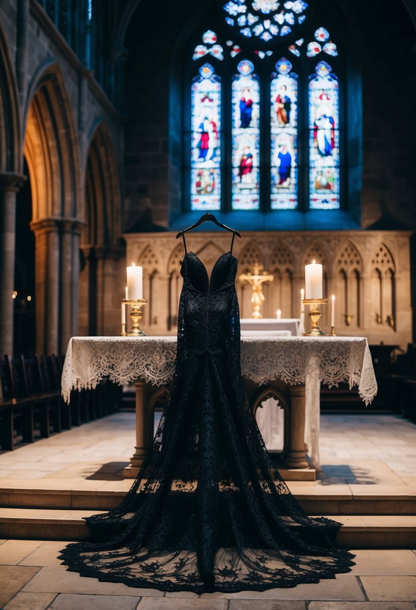 A dimly lit gothic cathedral with stained glass windows, a black lace mermaid gown draped over a stone altar