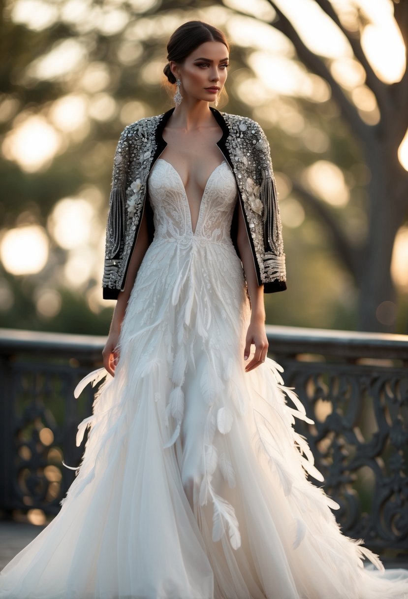 A flowing wedding dress adorned with delicate feathers, paired with an embellished jacket