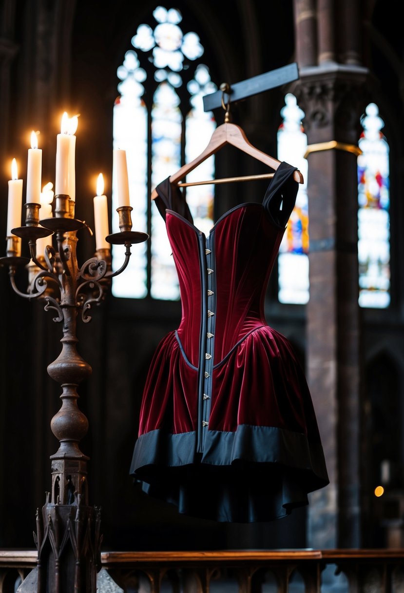 A dimly lit gothic cathedral with a velvet corset dress hanging from a rusted candelabra