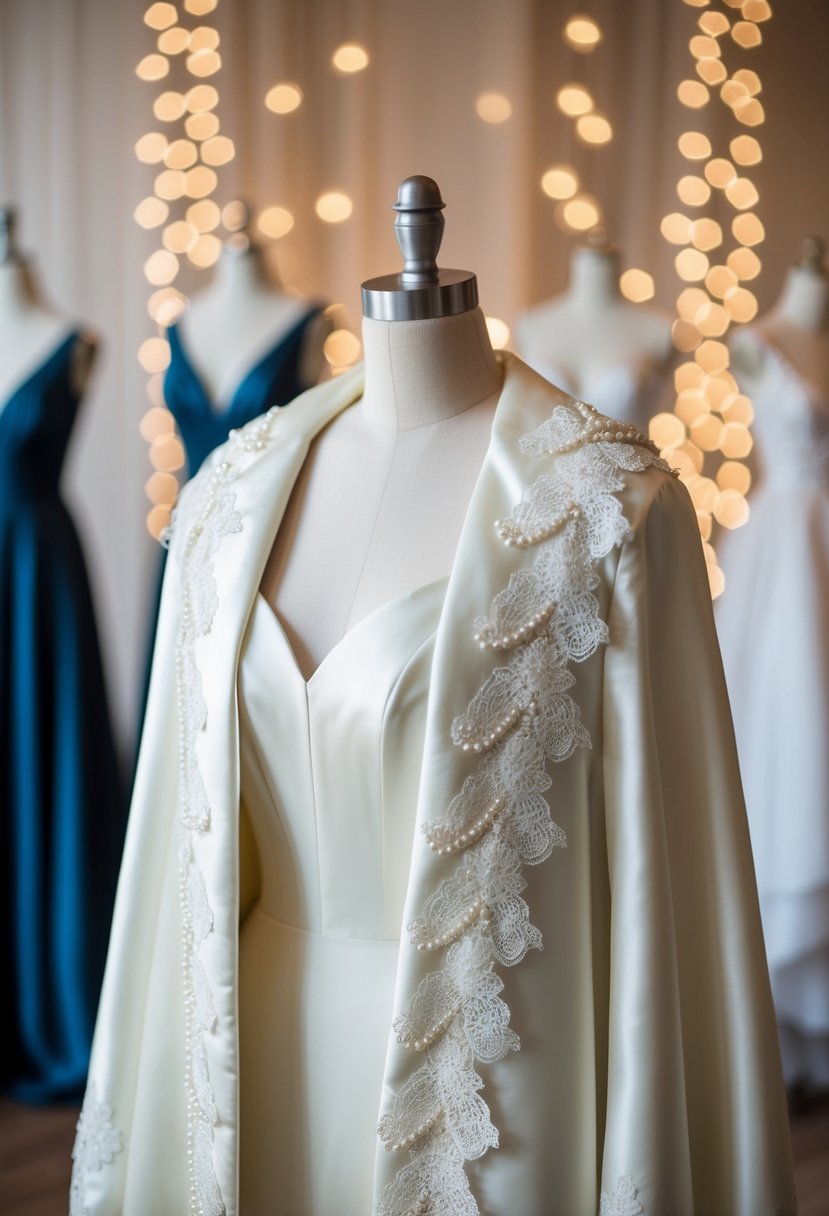 A delicate taffeta wedding coat draped over a mannequin, adorned with intricate lace and pearl details, set against a backdrop of elegant wedding dress ideas