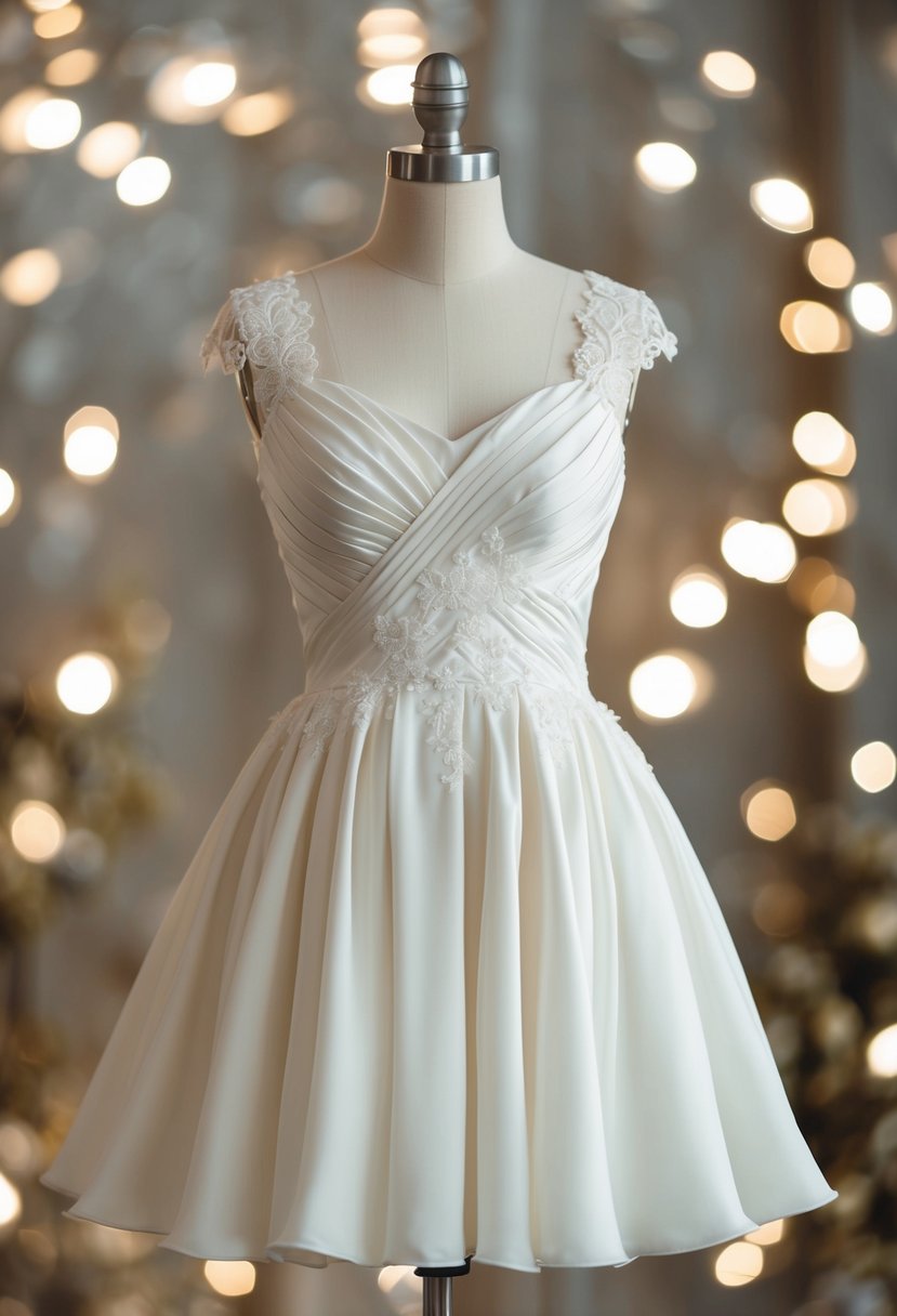 An elegant short wedding dress with a ruched bodice, delicate lace details, and a flowing skirt