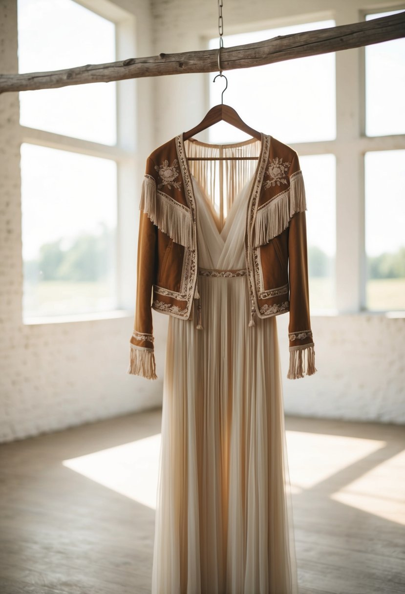 A flowing, bohemian wedding dress with fringe-adorned jacket hanging on a rustic wooden hanger in a sunlit, airy studio