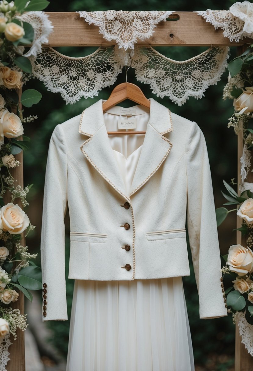 A vintage-inspired buttoned jacket wedding dress hanging on a rustic wooden hanger, surrounded by delicate lace and floral details