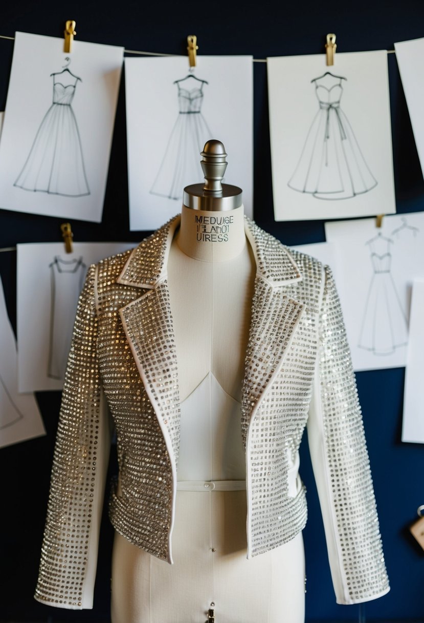 A rhinestone-studded jacket draped over a mannequin, surrounded by sketches of wedding dress ideas pinned to a mood board