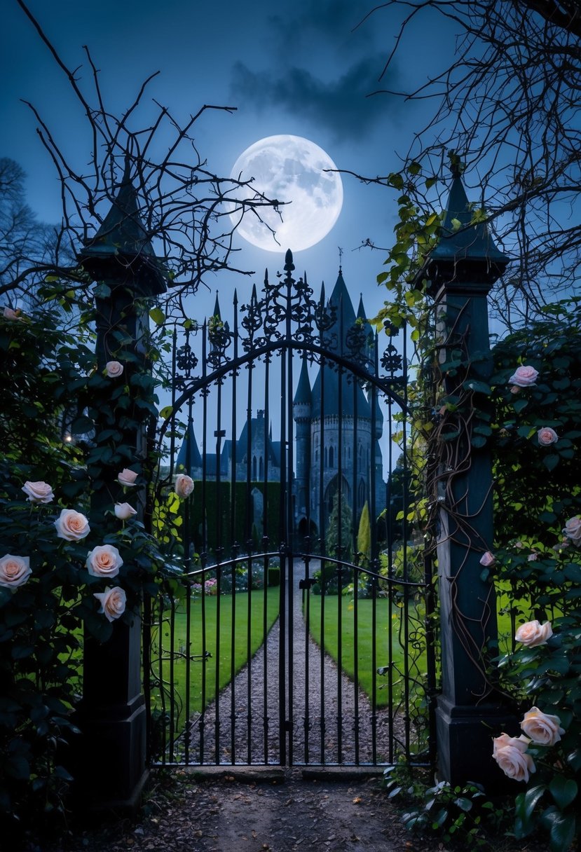 A moonlit garden with overgrown vines and an ornate wrought iron gate, adorned with roses and thorns, leading to a gothic castle