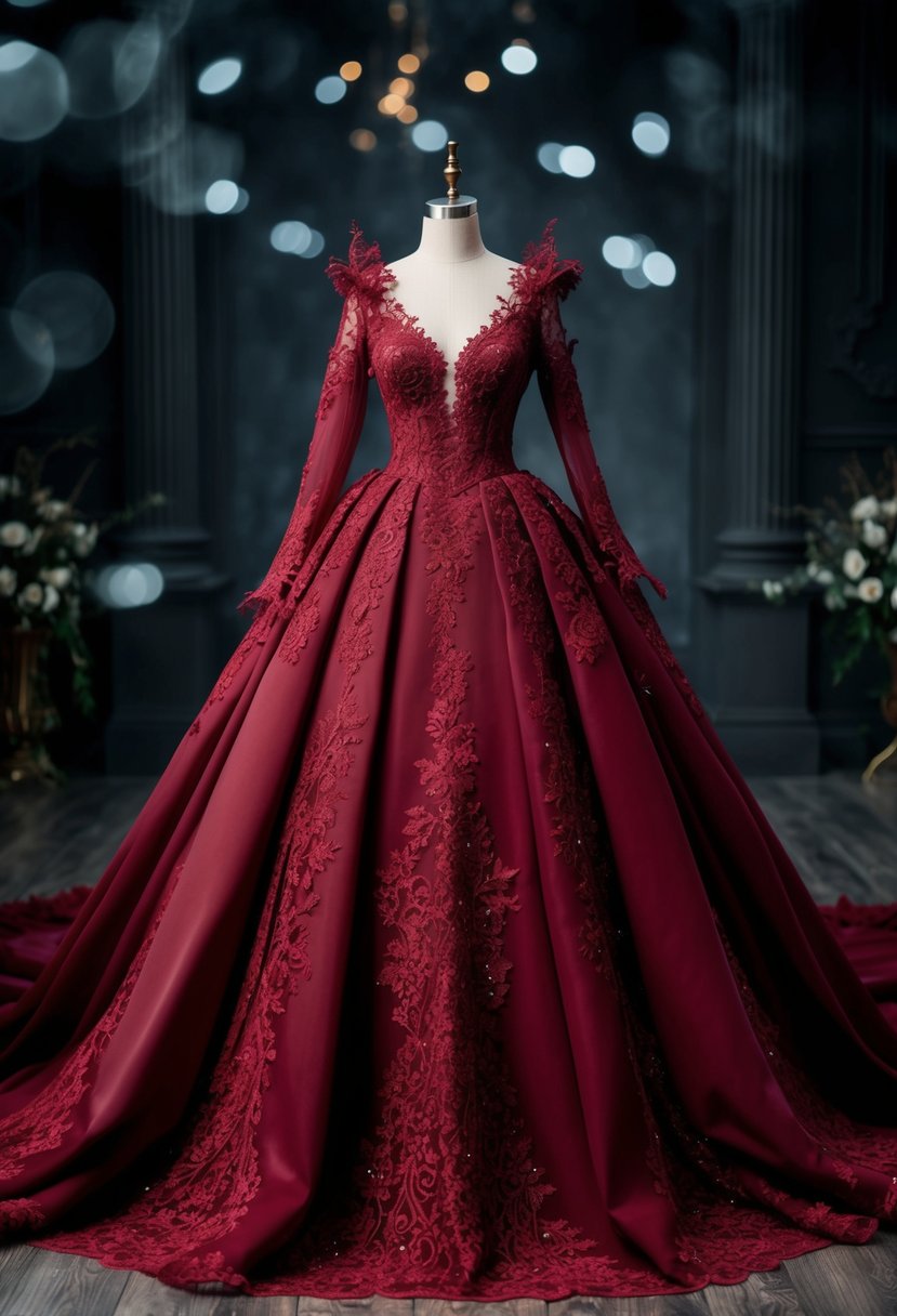 A grand, flowing gown in deep red, adorned with intricate lace and elegant details, evoking a sense of dark romance and gothic beauty