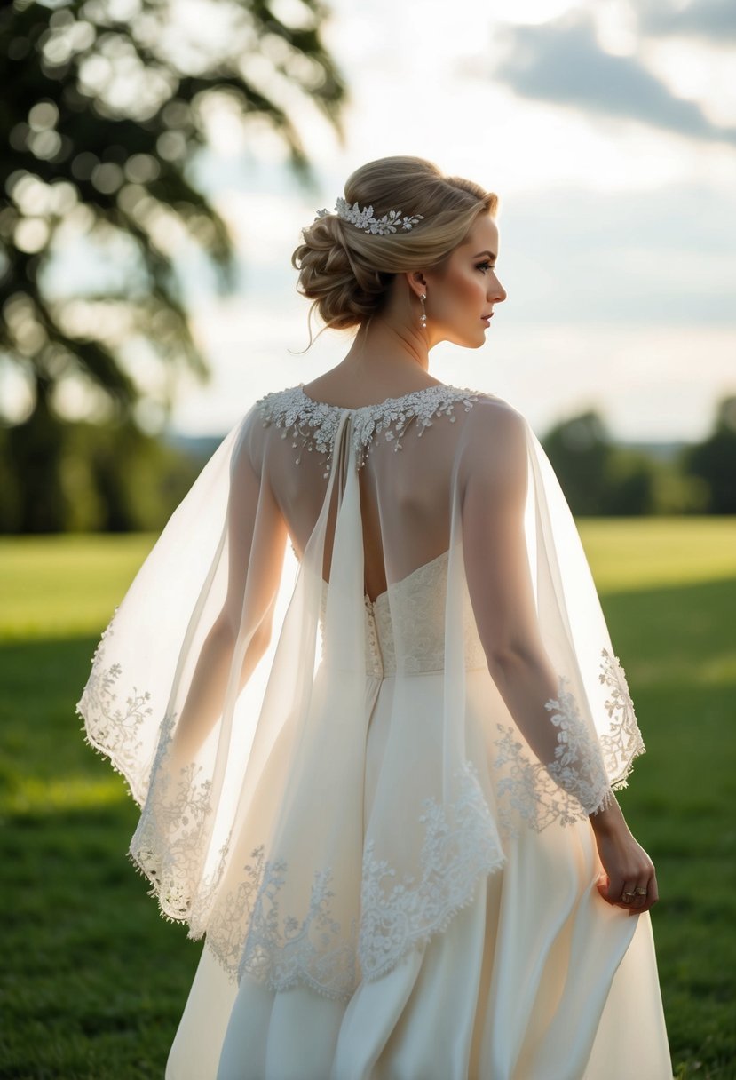 A flowing silk organza bridal cape billows in the wind, adorned with delicate lace and intricate beading