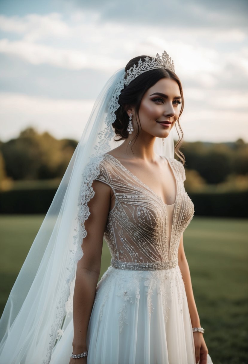 A bride in a flowing white gown with intricate lace and beading, adorned with a delicate veil and ornate headpiece