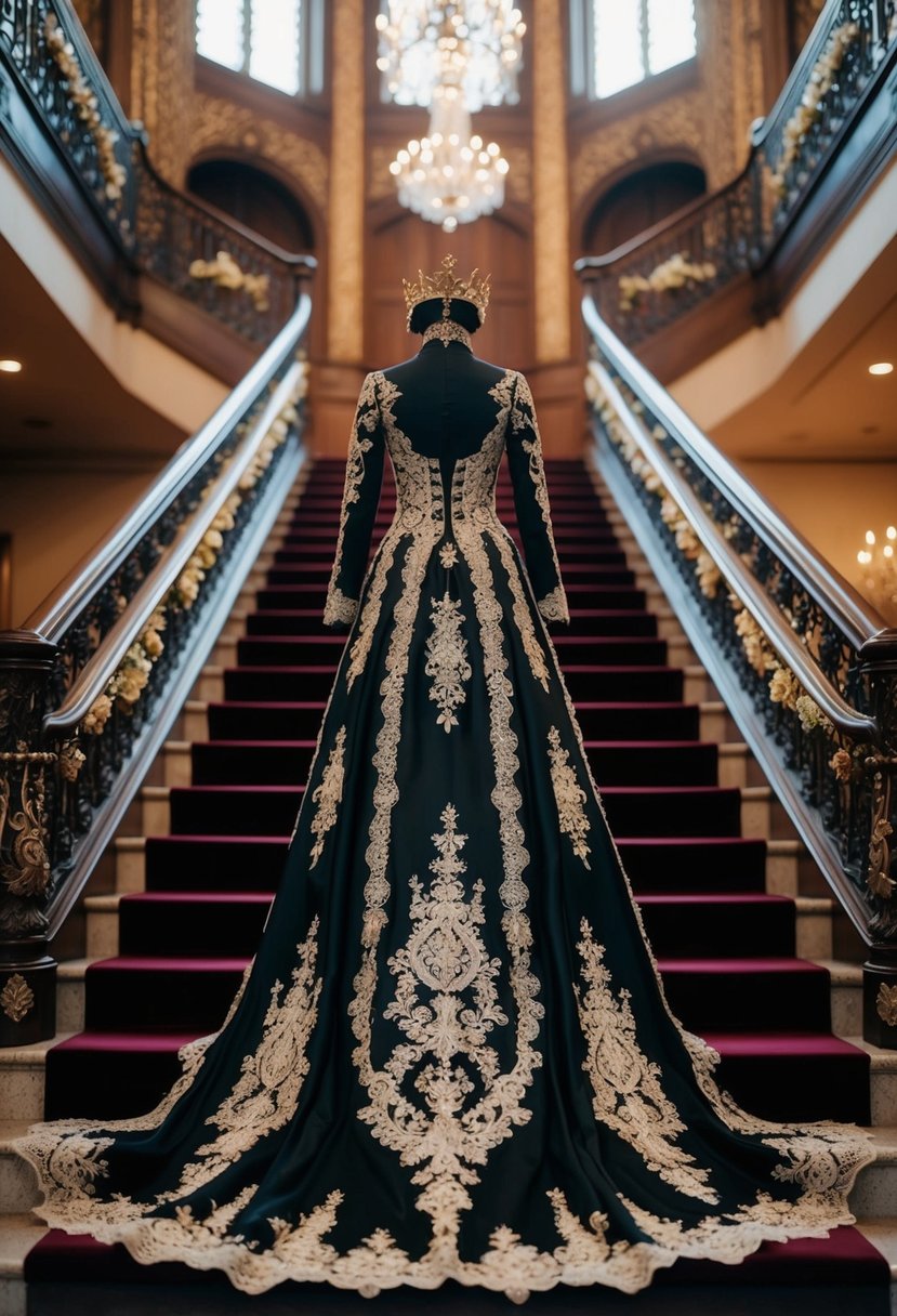 A grand, gothic wedding dress in black and gold, adorned with intricate lace and regal embellishments, cascading down a grand staircase