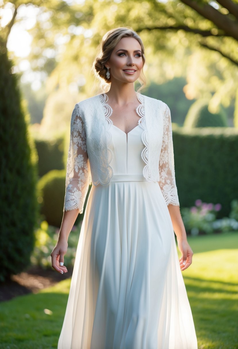 A bride wearing a lace shrug jacket over a flowing wedding dress, standing in a garden with soft sunlight filtering through the trees