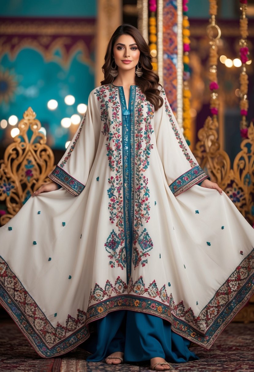 A flowing kaftan with intricate embroidery, featuring traditional Muslim patterns, set against a backdrop of ornate decor and vibrant colors