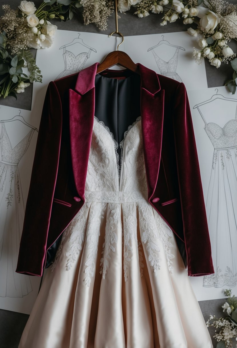 A plush velvet blazer draped over a hanger, surrounded by delicate lace wedding dress sketches