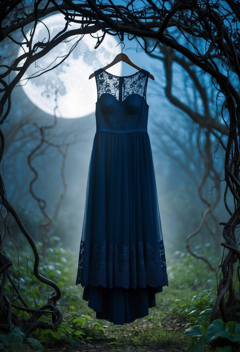 A midnight blue dress with lace hangs in a moonlit garden, surrounded by twisted vines and eerie, misty shadows