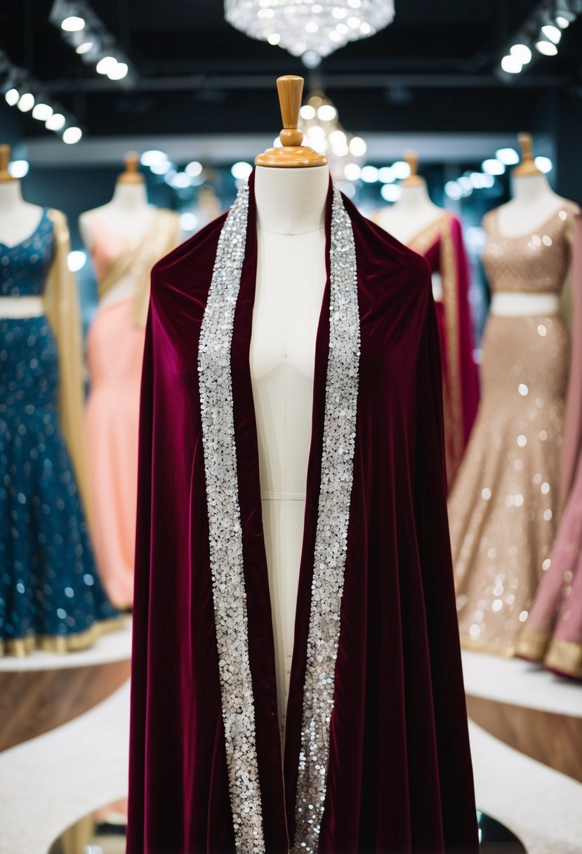 A velvet maroon dupatta with silver sequins draped over a mannequin in a bridal boutique