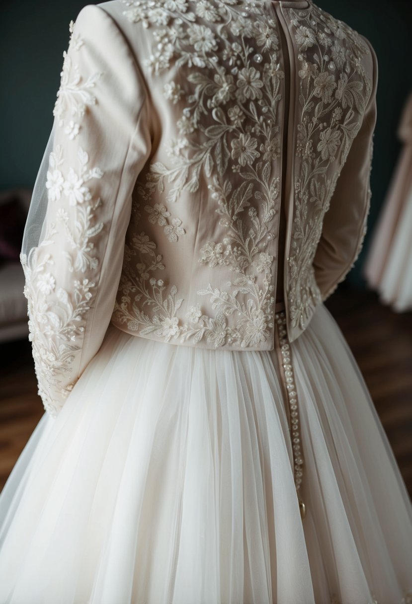 A delicate tulle jacket adorned with intricate floral embroidery, draped over a flowing wedding dress