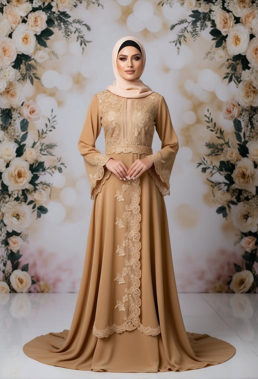 A flowing gold dress with a matching beige hijab, adorned with delicate lace and intricate embroidery, set against a backdrop of elegant floral patterns