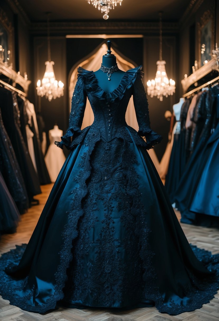 A dark, elaborate Victorian goth black gown on a mannequin in a dimly lit gothic wedding dress shop