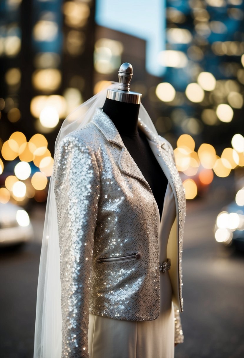 A sparkling sequin bridal jacket draped over a sleek wedding dress