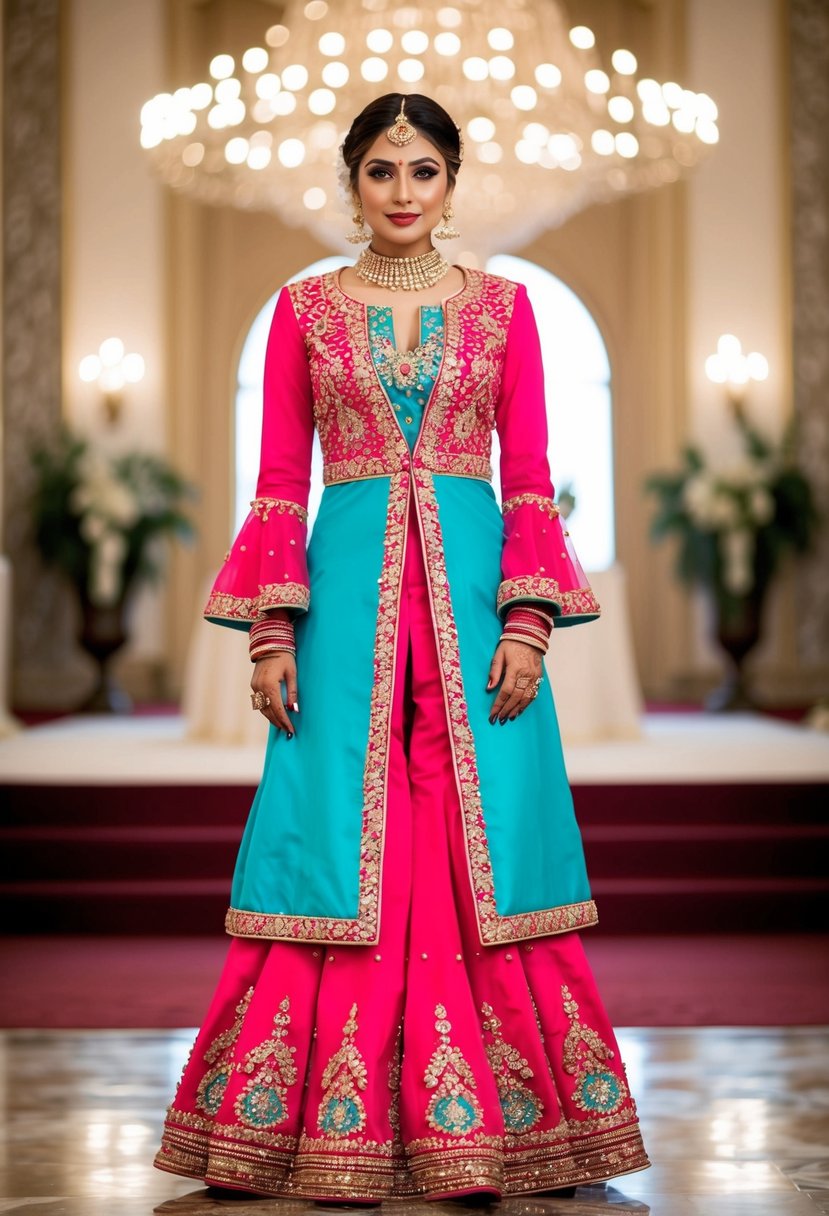 A bride wearing a vibrant Galaband Coat with Flared Salwar, adorned with intricate embroidery and delicate embellishments, standing in a grand, ornate wedding venue