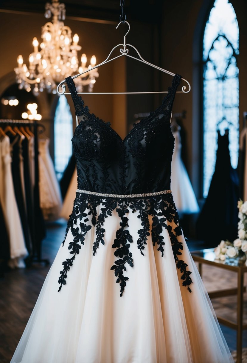 An elegant black and white combo dress hangs from a wrought iron hanger in a dimly lit, gothic-inspired bridal boutique