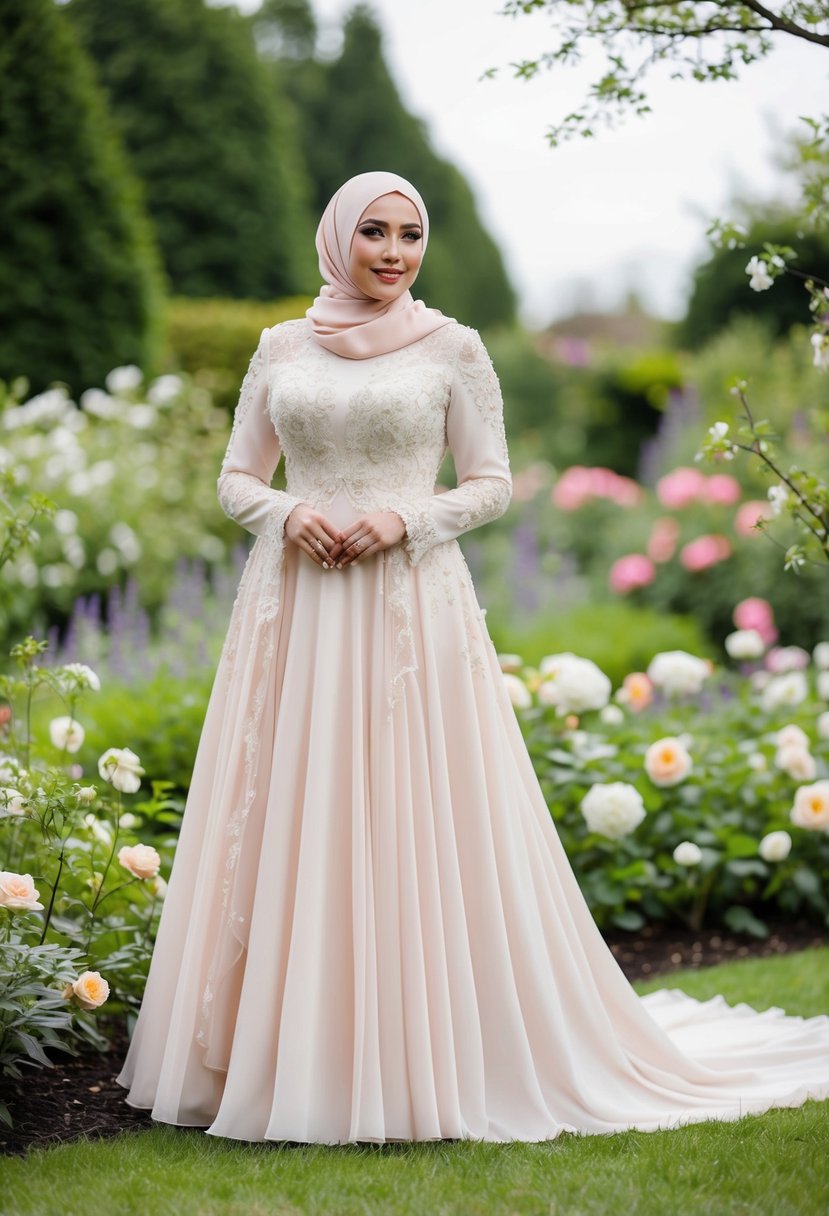 A bride in a pastel hijab wedding dress stands in a garden, surrounded by blooming flowers and greenery. The dress is flowing and elegant, with intricate lace and beading details