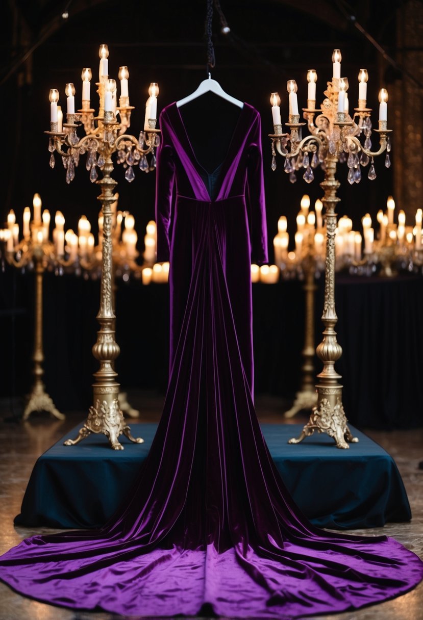 A deep purple velvet gown drapes over a gothic wedding setting with ornate candelabras and dark, moody lighting