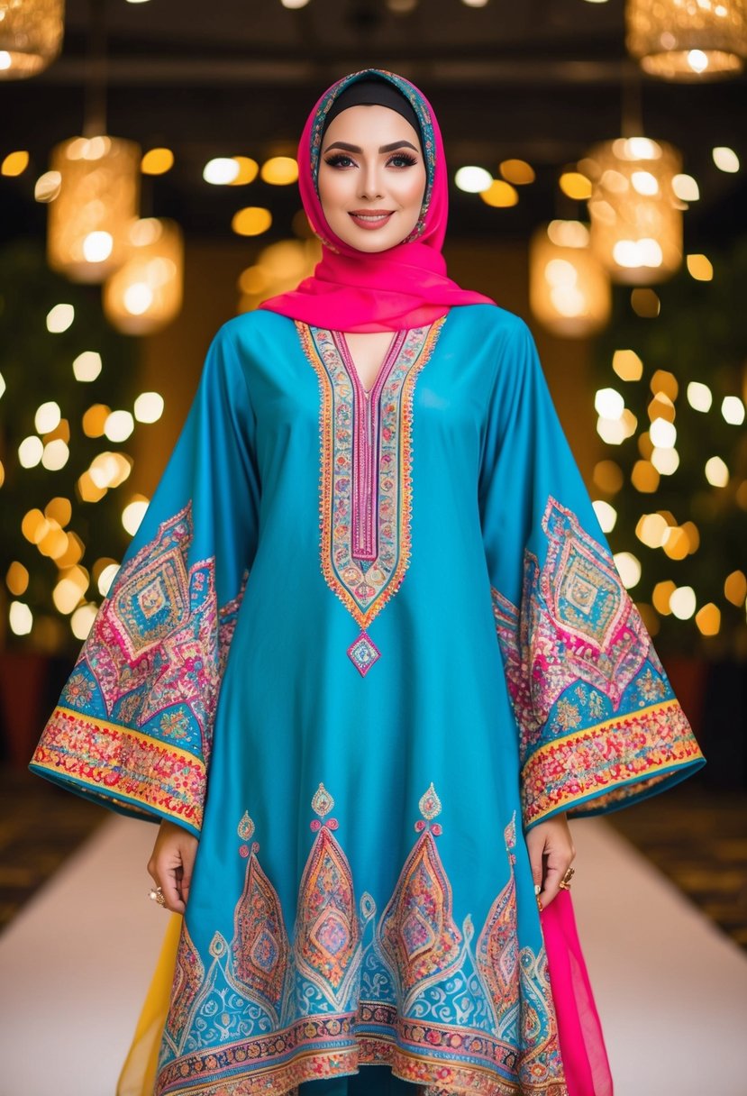 A colorful kaftan dress with intricate patterns, flowing fabric, and vibrant tones, suitable for a Muslim wedding celebration