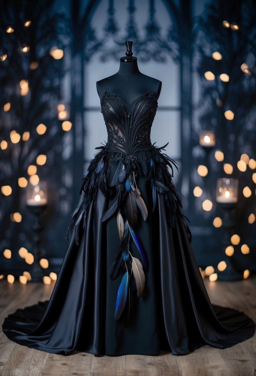 A flowing black gown adorned with intricate crow feather details, set against a dimly lit gothic backdrop