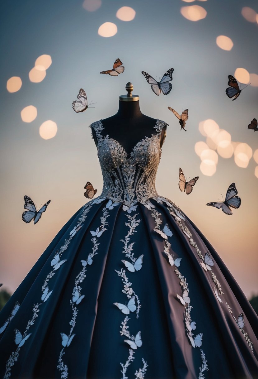 A grand, dark wedding gown adorned with delicate, fluttering butterflies