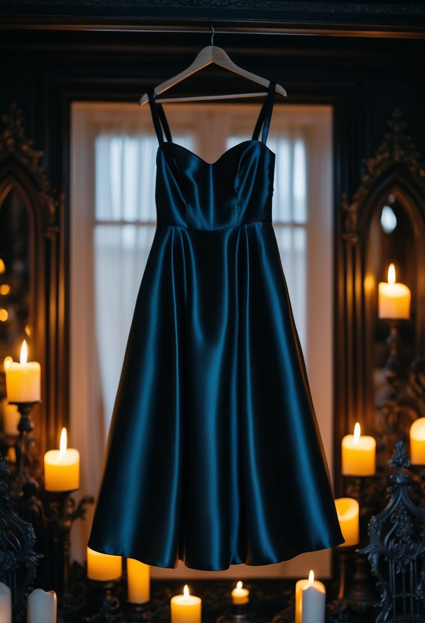 A lone black satin dress hanging in a dimly lit room, surrounded by flickering candles and ornate Gothic decor