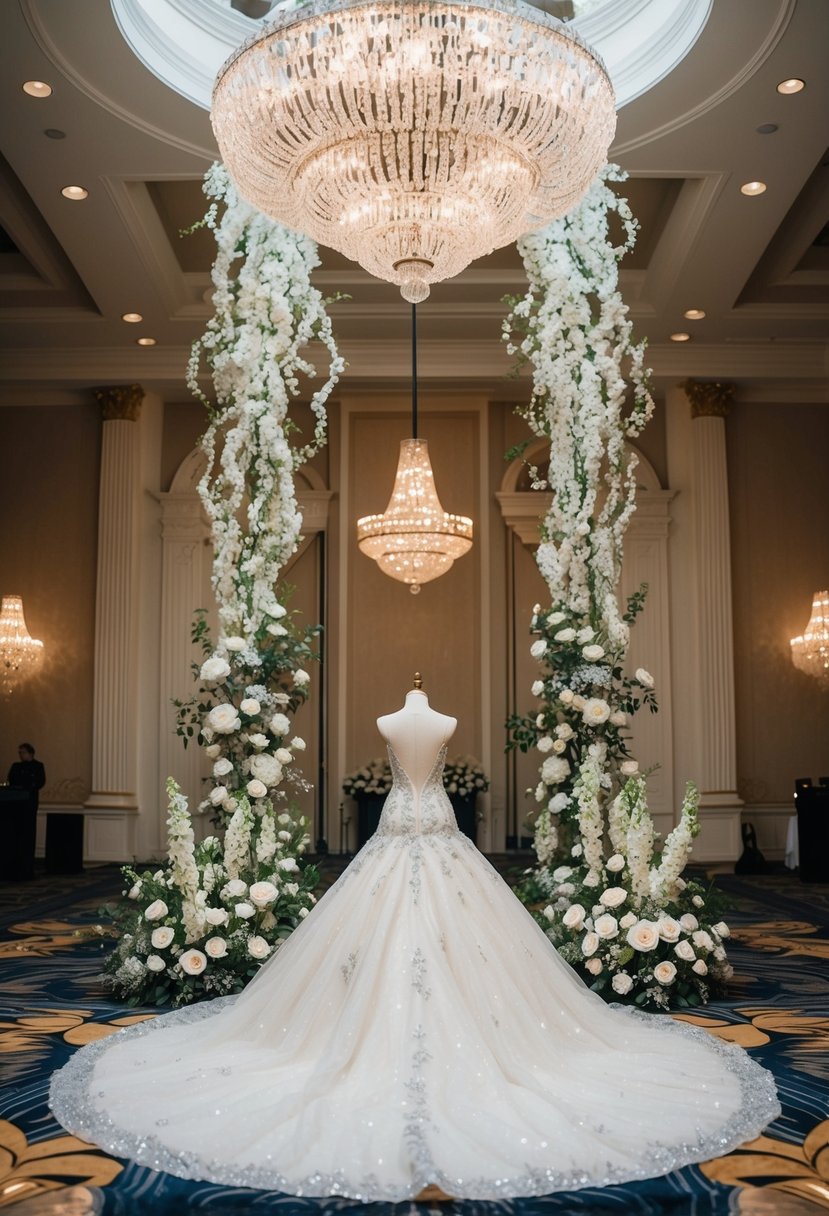 A grand ballroom with a sparkling chandelier, cascading flowers, and a regal, flowing wedding gown in shades of ivory and silver