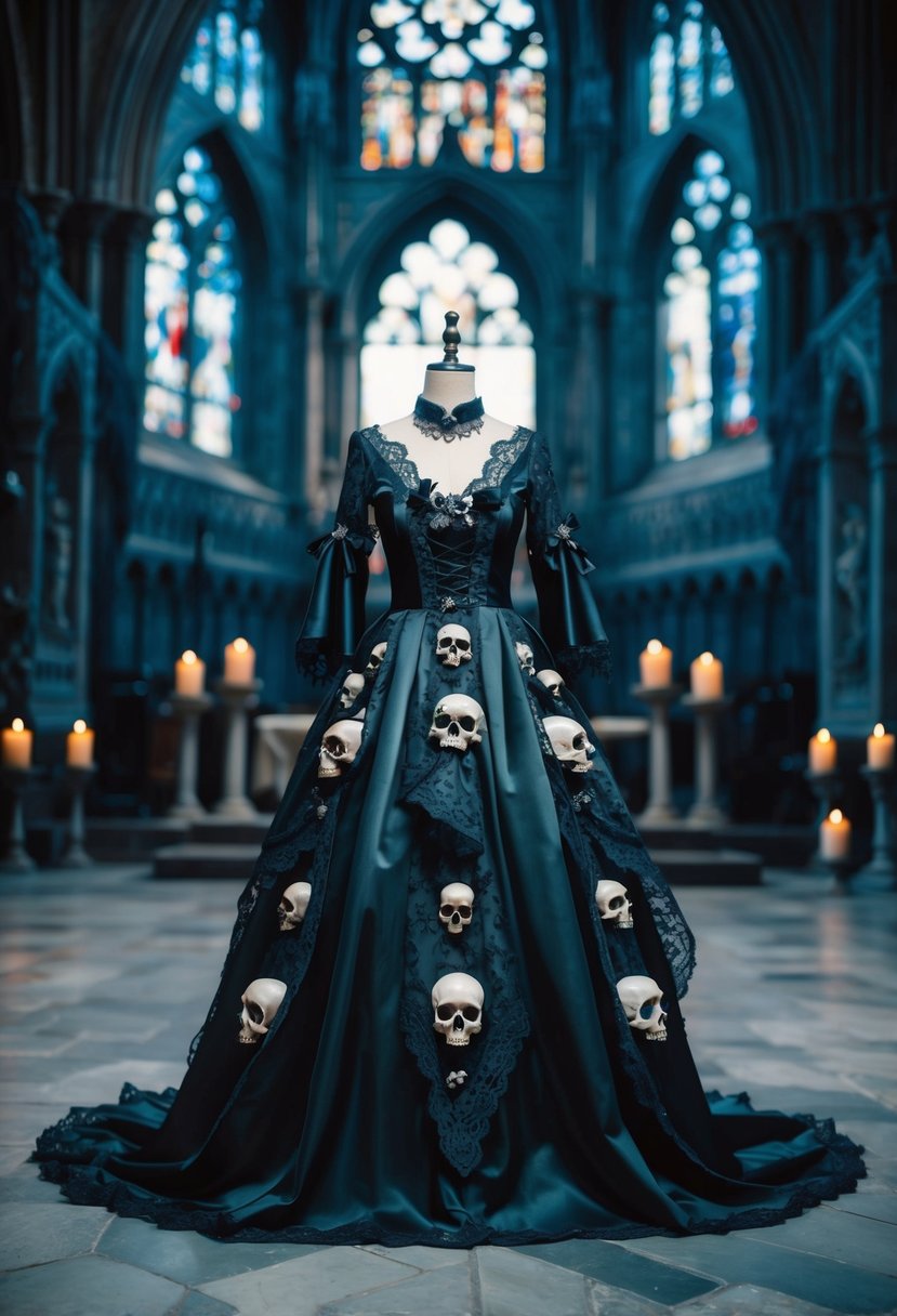 A macabre accented dress adorned with skulls, lace, and dark accents, set against a haunting backdrop of a gothic cathedral