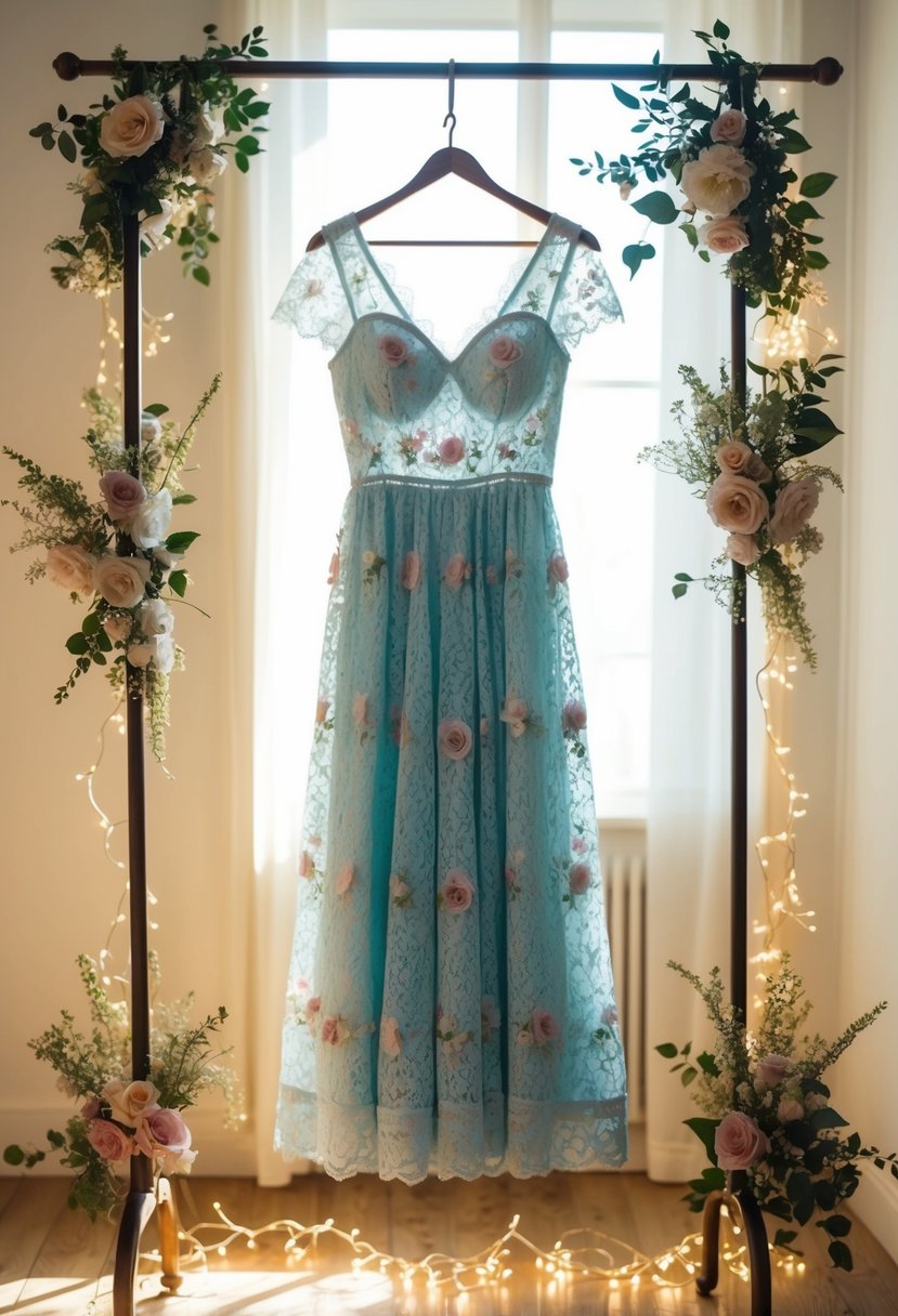 A whimsical floral lace dress hanging on a vintage coat rack in a sunlit room, surrounded by sparkling fairy lights and delicate floral arrangements