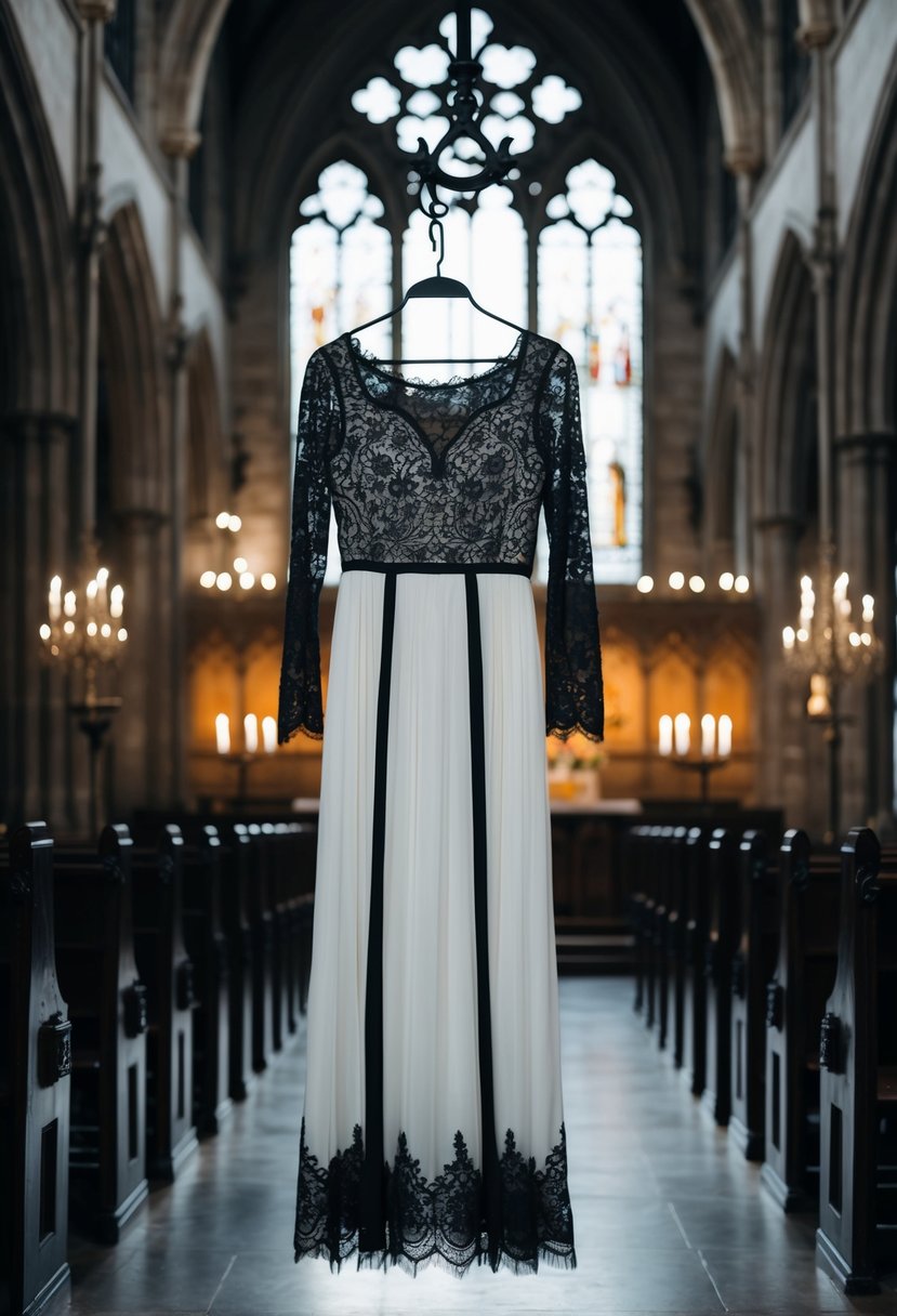 A long sleeve black lace dress hangs on a wrought iron hanger in a dimly lit Gothic cathedral