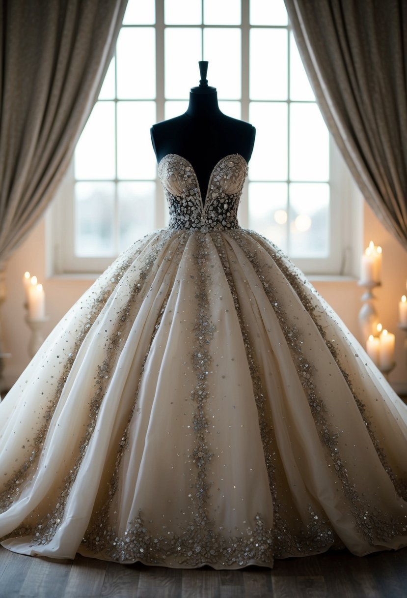 A voluminous ball gown with intricate embellishments cascading down the skirt, sparkling under the soft glow of candlelight