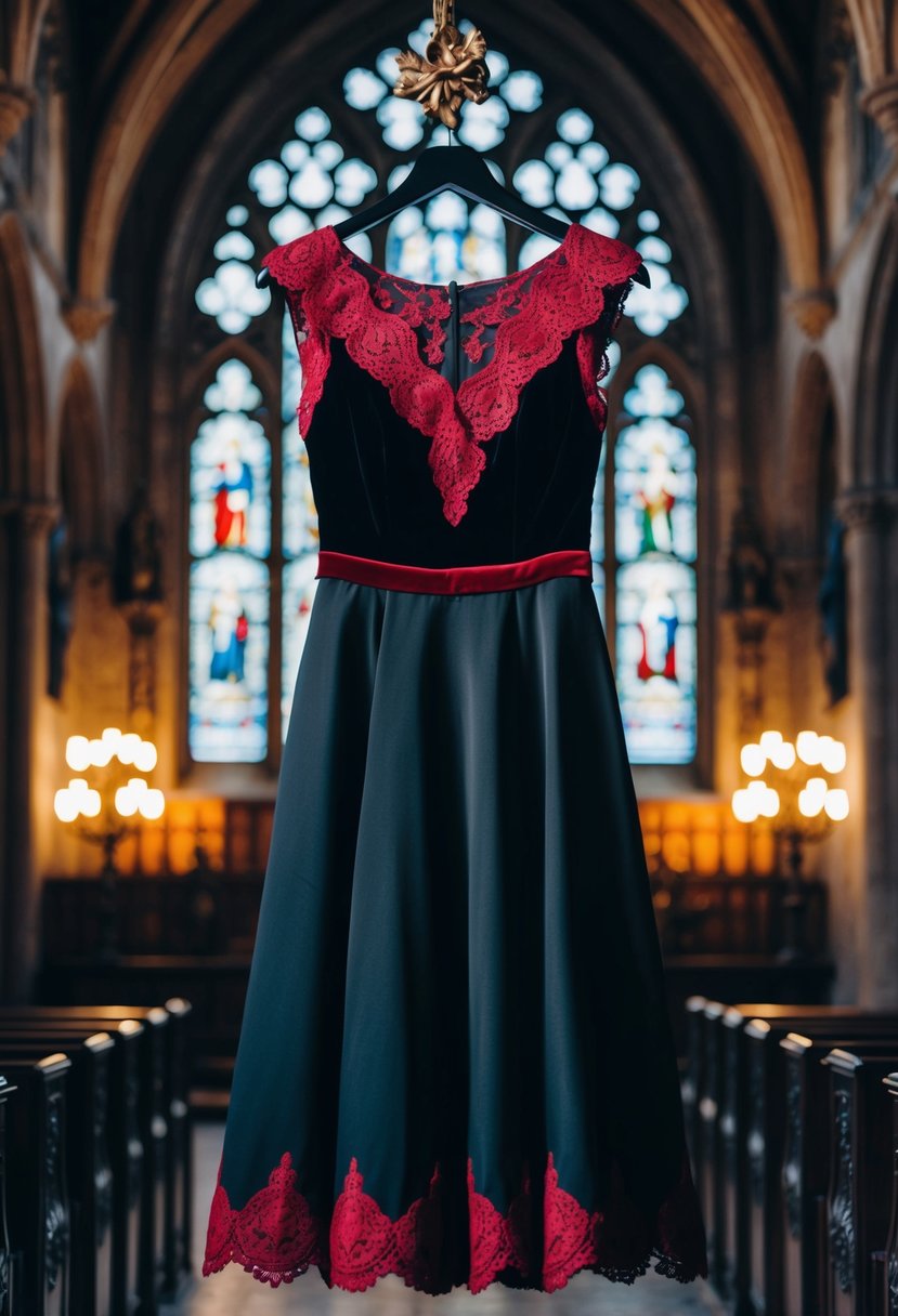 A black dress with red lace and velvet accents hangs in a dimly lit, ornate Gothic cathedral