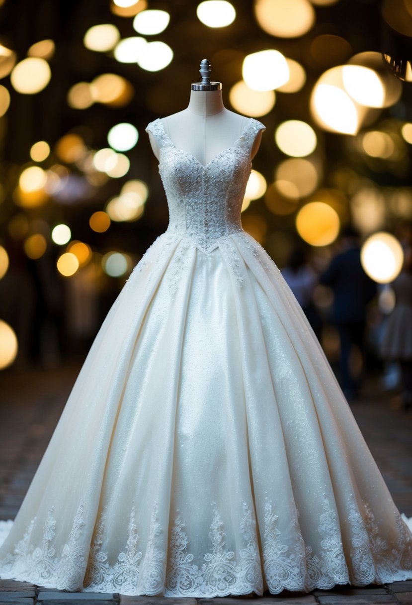 A sparkling A-line wedding dress with a full skirt and delicate lace details, inspired by Cinderella's iconic ball gown