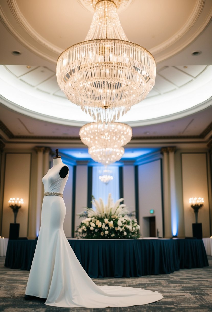 A grand ballroom with a sparkling chandelier and a sleek, contemporary wedding gown on a mannequin